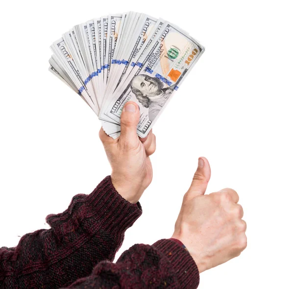 Man holding pack of dollar bills — Stock Photo, Image