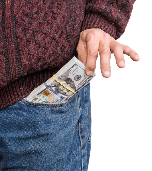 Businessman with american dollar money in the pocket over white — Stock Photo, Image