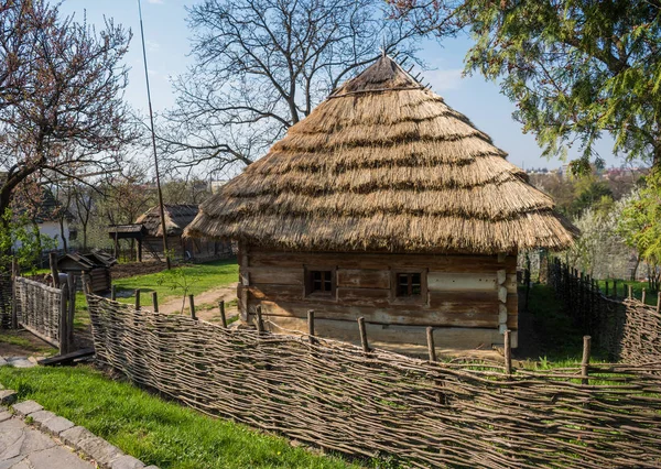 Velha casa de madeira com telhado de palha na primavera — Fotografia de Stock