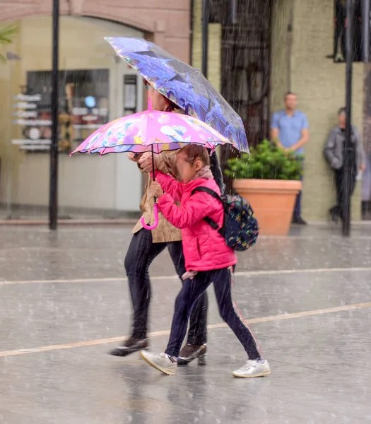 Люди с зонтиком идут по улице в дождливый день — стоковое фото