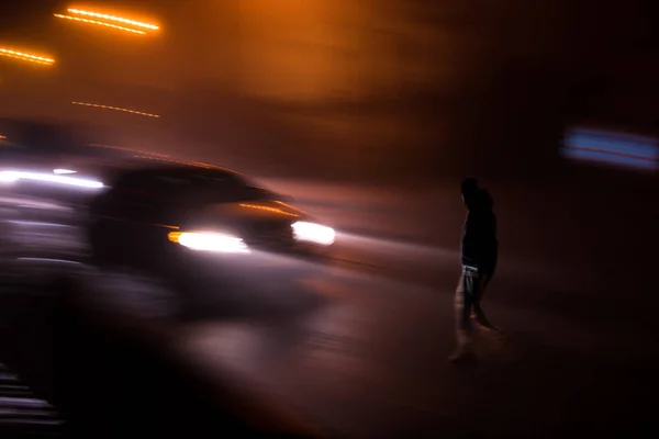 Busy city street people on zebra crossing at night — Stock Photo, Image