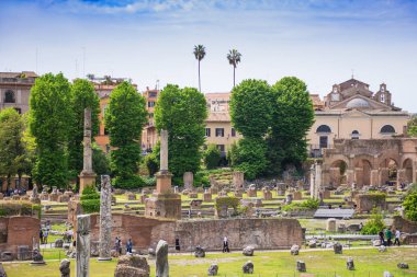 Roma, İtalya - 3 Mayıs 2019: Roma Forumu'nun bahar Roma'ya bakışı,