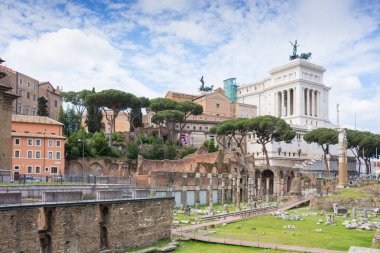 Roma, İtalya - 3 Mayıs 2019: Roma Forumu'nun bahar Roma'ya bakışı,