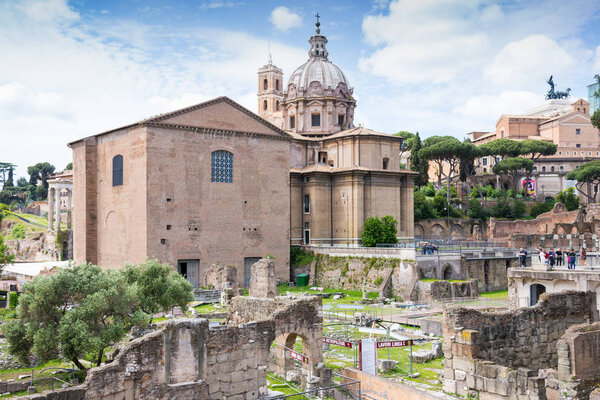 ROME, ITALY - MAY 3, 2019:  View of Roman Forum in spring  Rome,