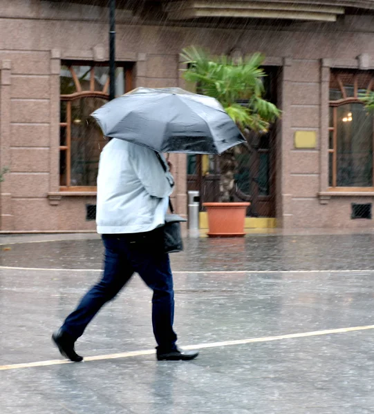 Hombre con paraguas caminando por la calle en un día lluvioso en movimiento —  Fotos de Stock