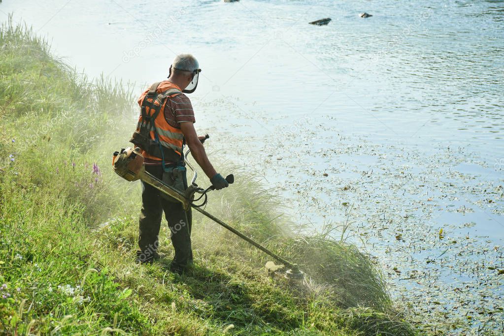 Gardener mowing the grass with a lawn mower