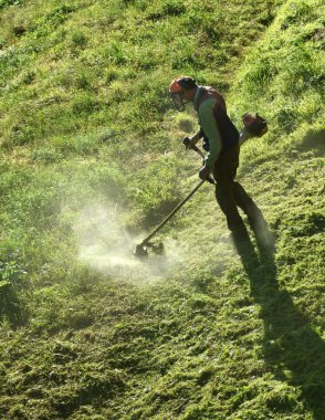Bahçıvanlar çim biçme makinesi ile çim biçme