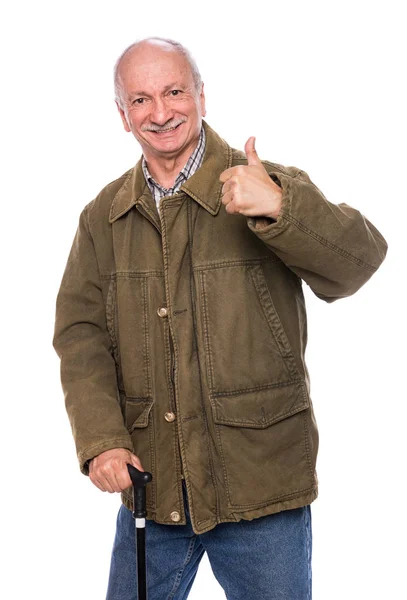 Smiling elderly man shows ok sign — Stock Photo, Image