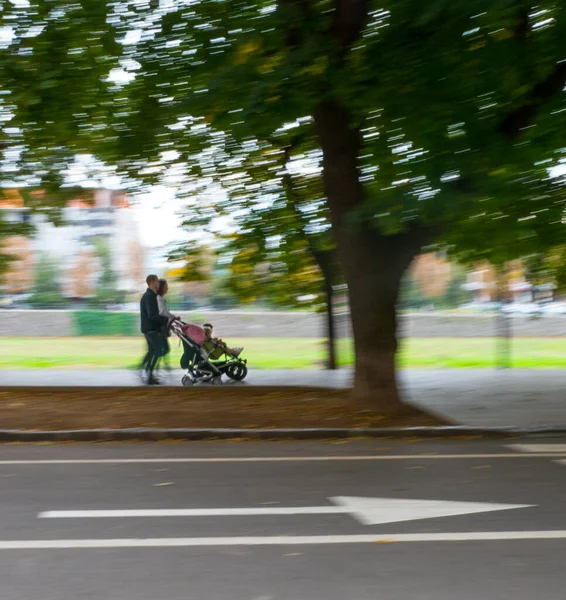 Сім'я з маленькими дітьми в колясках, що йдуть по вулиці — стокове фото