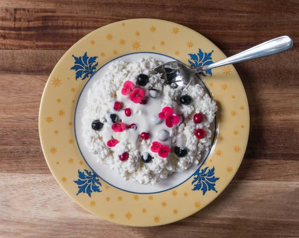 Cottage cheese with fresh blueberries and lingonberries in a bow — Stock Photo, Image