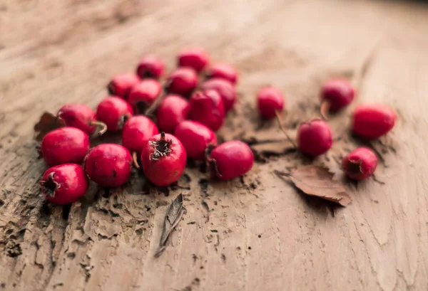 Bagas de espinheiro vermelho em um fundo de madeira — Fotografia de Stock