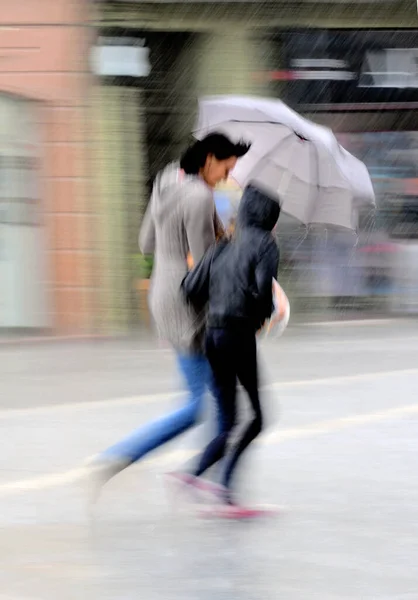 People with umbrella walking down the street in rainy day