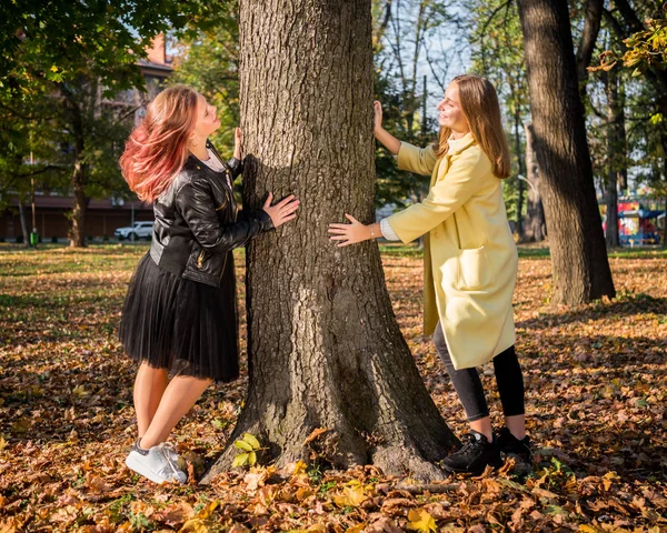 Hermosas chicas adolescentes divirtiéndose en el Parque de Otoño. Al aire libre —  Fotos de Stock