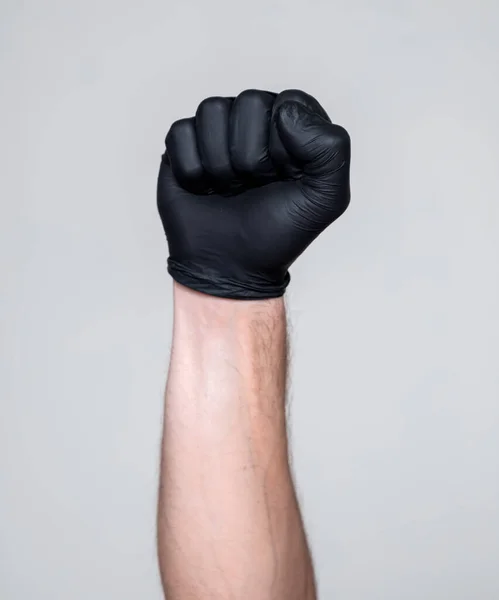 Рука Людини Чорній Рукавичці Клянуся Кулак — стокове фото
