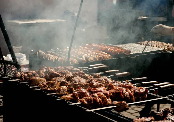 Marinated Shashlik Preparing Barbecue Grill Charcoal Pork Shish Kebab Roast — Stock Photo, Image