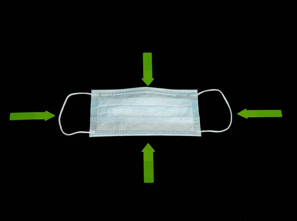 Одноразовая Маска Черном Фоне Зеленые Стрелки Указывают Маску — стоковое фото
