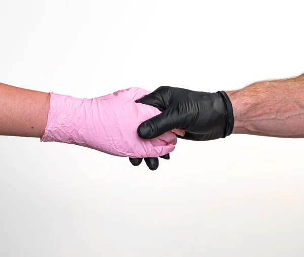 Handslag Hälsning Medicinska Skyddshandskar — Stockfoto