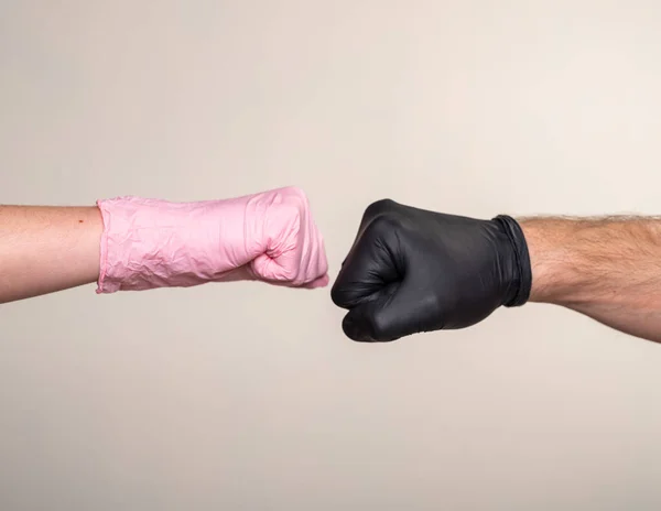 Greeting Fist Fist Medical Rubber Gloves Greeting Each Other Fist — Stock Photo, Image