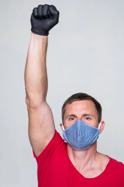 Man Face Mask Studio Gesturing Hand Coronavirus 2019 Ncov Sars — Stock Photo, Image