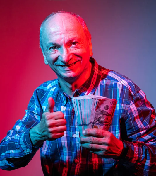 Smiling Senior Gentleman Holding Stack Money Giving Thumb Studio — Stock Photo, Image