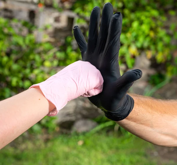 Handshake Greeting Medical Protective Gloves Protection Coronavirus — Stock Photo, Image