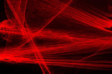 Siyah arkaplanda ışıkla çizilmiş soyut kırmızı çizgiler. Lazer hatları