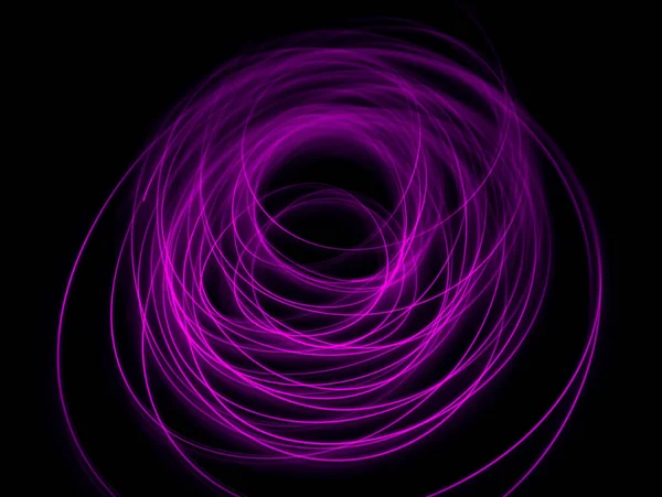 Light wave trail path, vibrant neon color in abstract swirls on a black background. Light painting