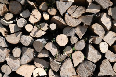 Kışa hazır odun yığını. Tahta günlük kaydı dokusu arkaplanı