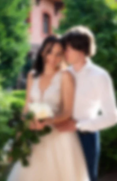 Defocused Image Newlyweds Park Wedding Photoshoot — Stock Photo, Image