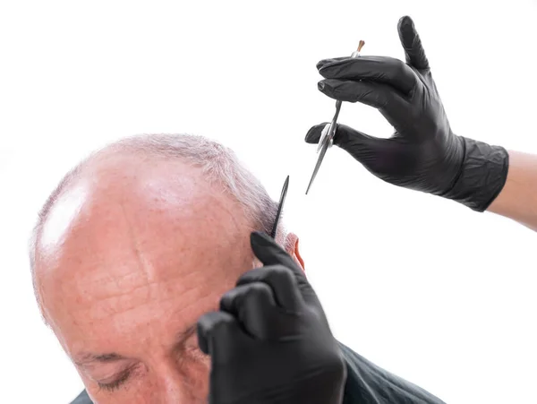 Närbild Bild Senior Man Frisör Shop Barber Klippa Hår Med — Stockfoto