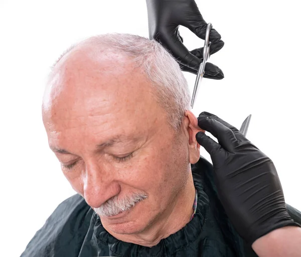 Närbild Bild Senior Man Frisör Shop Barber Klippa Hår Med — Stockfoto