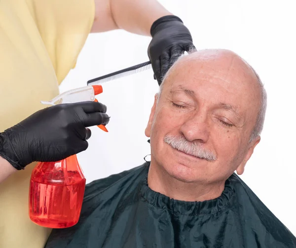 Senior Man Getting Haircut White Background Woman Wetting Hair Cutting — Stock Photo, Image