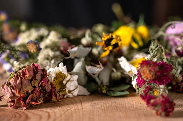 Ein Bündel Getrockneter Blumen Auf Dem Tisch — Stockfoto