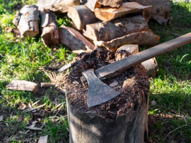 Bir balta ve dışarıda kesilmiş odun yığını.