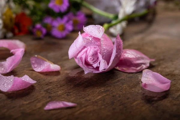 Ροζ Τριαντάφυλλο Και Πέταλα Ξύλινο Φόντο — Φωτογραφία Αρχείου