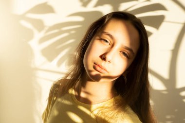 Işık ve gölge portresi evin içinde kahverengi saçlı beyaz bir kız..