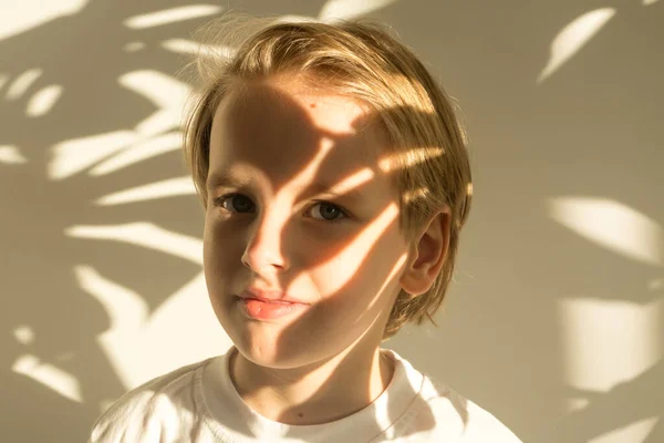 Play of light and shadow portrait young caucasian cute boy with blond hair inside the house. Fun time cucumbers eyes