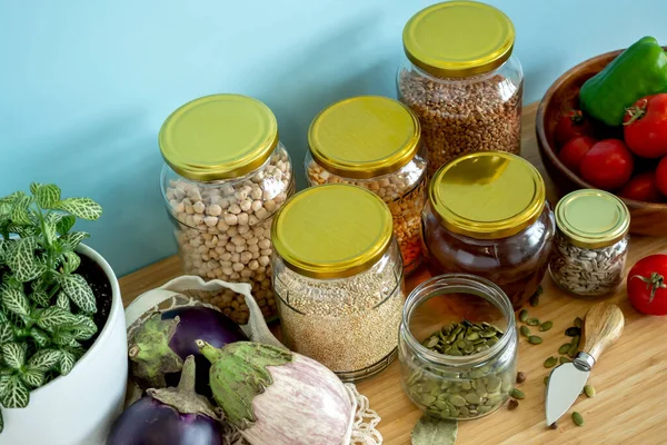 Cero Desperdicio Saludable Alimentos Cereales Semillas Verduras Planas Yacen Sobre — Foto de Stock