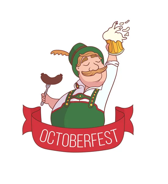 Dessin Animé Bavarois Avec Bière Saucisse Fumante Oktoberfest Avec Espace — Image vectorielle