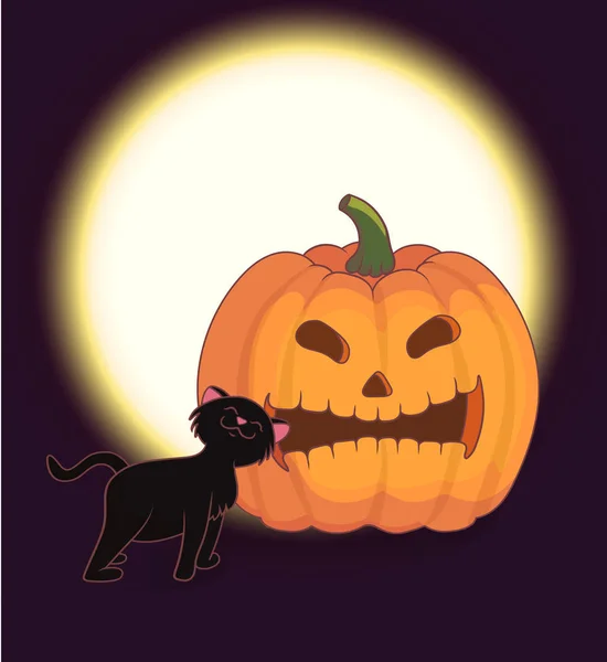 Gruselkürbis Und Schwarze Katze Halloween Mondschein Vektor Illustration Auf Dunklem — Stockvektor