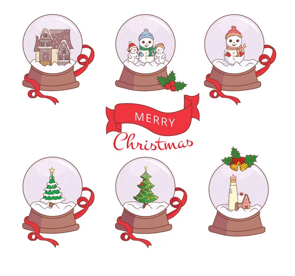 Set Christmas Snow Globes Different Characters Objects Glass Ball Collection — Stock Vector
