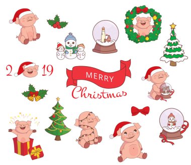 Noel ve yeni yıl öğeler ve simgeler kümesi. Domuz Santas şapka, kar adam, Noel ağacı, kar küresi. İzole, illüstrasyon, beyaz arka plan vektör.