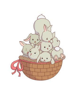 Sevimli tavşanlar Paskalya sepetinde. Beyaz arka plan üzerinde vektör çizim. İzole.