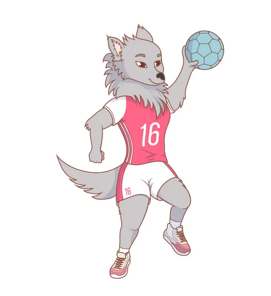 Grappige Handbalspeler Als Een Wolf Roze Shirt Vectorillustratie Witte Achtergrond — Stockvector