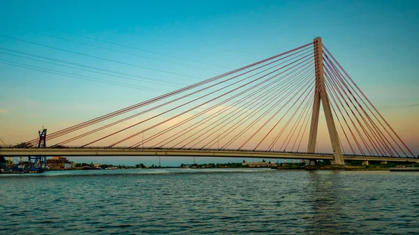 Ponte Suspensão Sobre Martwa Wisla Gdansk Pôr Sol — Fotografia de Stock