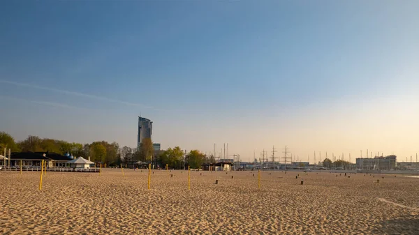 Przystań Plaża Gdyni Nad Morzem Bałtyckim Godzinach Porannych — Zdjęcie stockowe