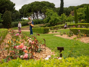 Barselona, İspanya - 11 Mayıs 2019: Cervantes Park'ta güllerin arasında yürüyen insanlar.