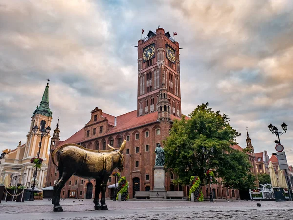 ポーランド トラン 2019年7月17日天文学者ニコラウス コペルニクスと黄金のロバの記念碑とトランの旧市街の中世の市庁舎 — ストック写真