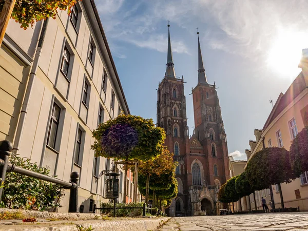 Vista Catedral San Juan Bautista Isla Tumski Wroclaw Polonia Hora — Foto de Stock