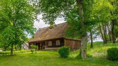 Wdzydze Kiszewskie 'deki Kashubian Ethnographic Park' taki eski evler. Polonya. 